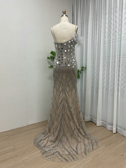 Glamorous Silver Sequin Prom Dress Side Slit Spaghetti Strap Formal Gown MY30034-2