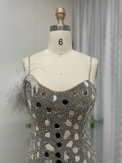 Glamorous Silver Sequin Prom Dress Side Slit Spaghetti Strap Formal Gown MY30034-2