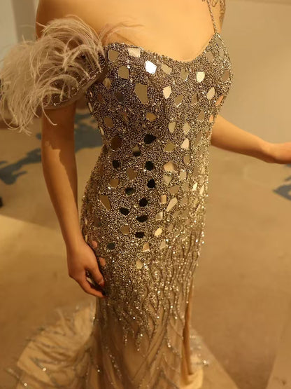 Glamorous Silver Sequin Prom Dress Side Slit Spaghetti Strap Formal Gown MY30034-2