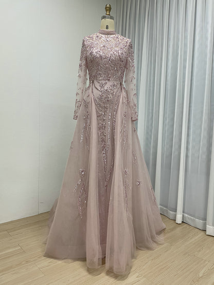Luxury Blush Pink Beaded Evening Dress with Detachable Overskirt | High Neck Long Sleeve Muslim Formal Gown MY30035B