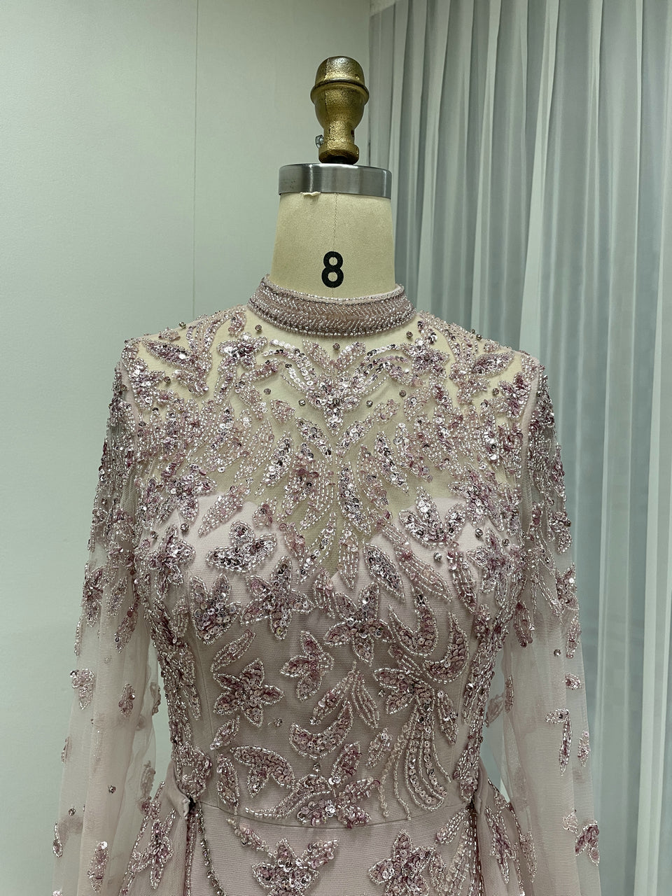 Luxury Blush Pink Beaded Evening Dress with Detachable Overskirt | High Neck Long Sleeve Muslim Formal Gown MY30035B