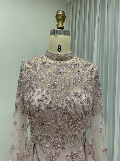 Luxury Blush Pink Beaded Evening Dress with Detachable Overskirt | High Neck Long Sleeve Muslim Formal Gown MY30035B