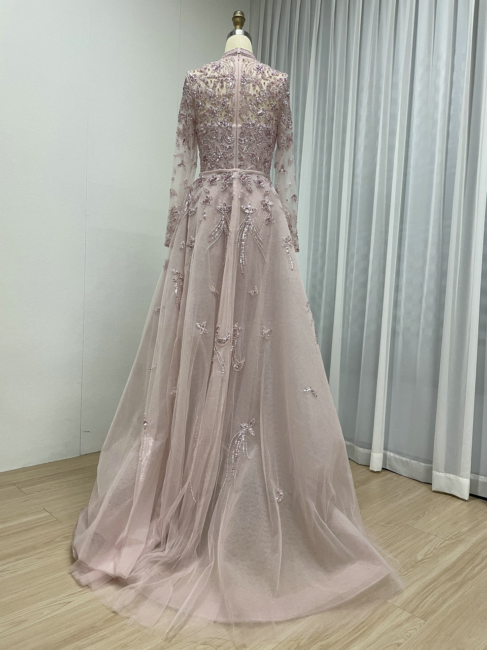 Luxury Blush Pink Beaded Evening Dress with Detachable Overskirt | High Neck Long Sleeve Muslim Formal Gown MY30035B