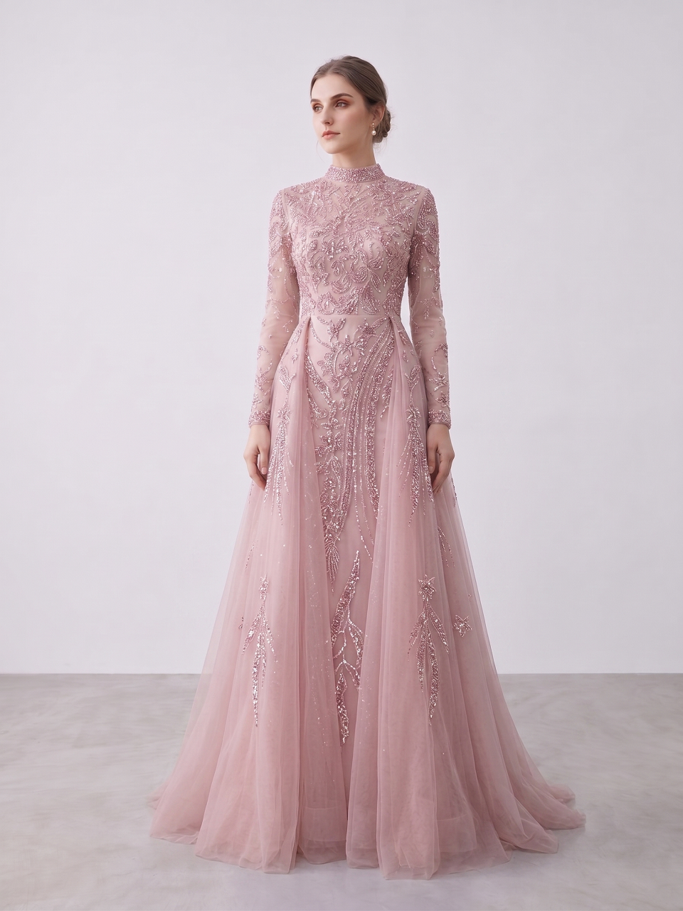 Luxury Blush Pink Beaded Evening Dress with Detachable Overskirt | High Neck Long Sleeve Muslim Formal Gown MY30035B