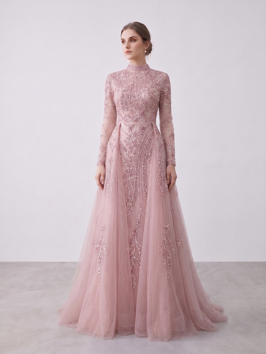 Luxury Blush Pink Beaded Evening Dress with Detachable Overskirt | High Neck Long Sleeve Muslim Formal Gown MY30035B