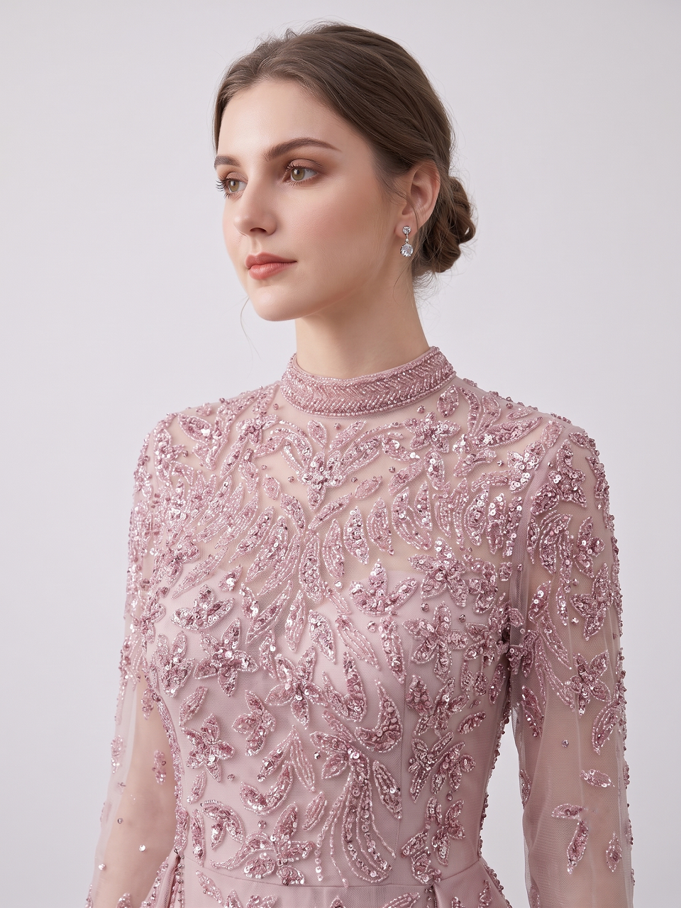 Luxury Blush Pink Beaded Evening Dress with Detachable Overskirt | High Neck Long Sleeve Muslim Formal Gown MY30035B