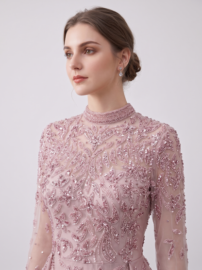 Luxury Blush Pink Beaded Evening Dress with Detachable Overskirt | High Neck Long Sleeve Muslim Formal Gown MY30035B