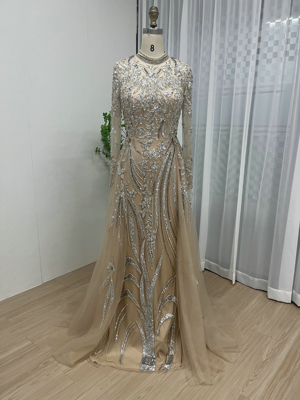 High Neck Couture Beading Long Sleeve Overskirt Evening Dress MY30035