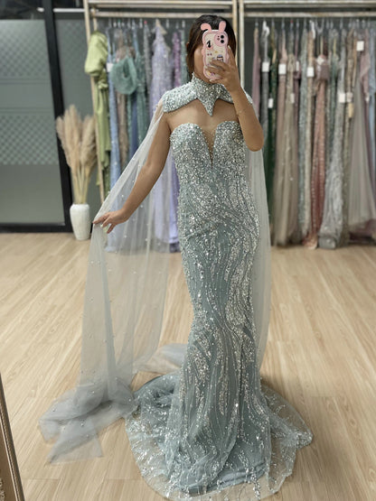 Luxury Green Sparkle Formal Dress Mermaid With Beaded Cape MY30036