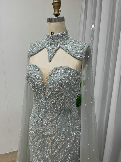 Luxury Green Sparkle Formal Dress Mermaid With Beaded Cape MY30036