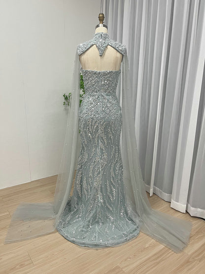 Luxury Green Sparkle Formal Dress Mermaid With Beaded Cape MY30036