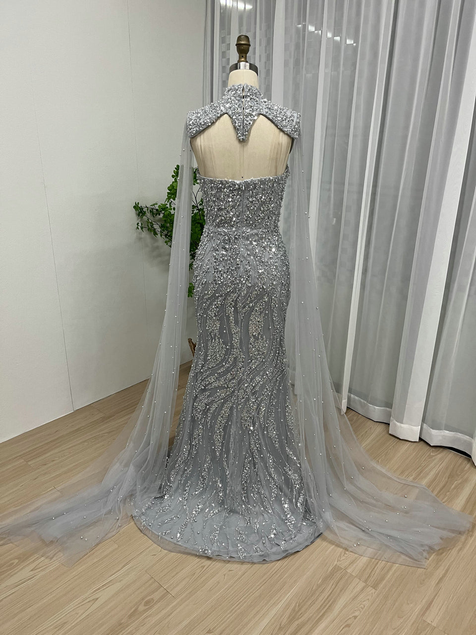 Luxury Green Sparkle Formal Dress Mermaid With Beaded Cape MY30036