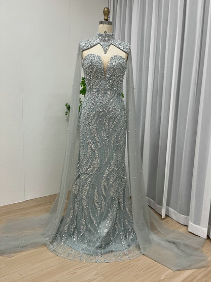 Luxury Green Sparkle Formal Dress Mermaid With Beaded Cape MY30036