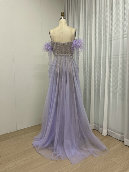 Luxury Feather Sleeve Spaghetti Strap Couture Red Carpet Evening Dress MY30037