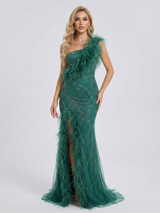 Emerald Green One-Shoulder Feather Mermaid Evening Gown - Beaed Formal Dress MY30039