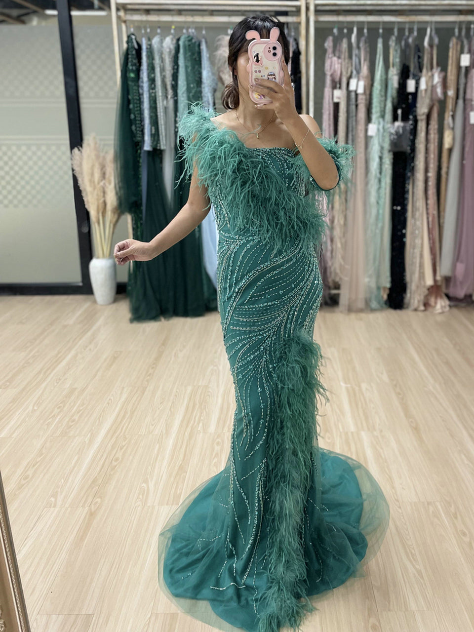 Emerald Green One-Shoulder Feather Mermaid Evening Gown - Beaed Formal Dress MY30039