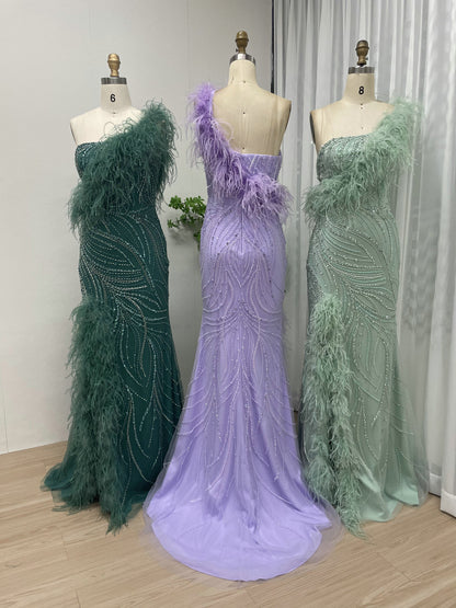 Emerald Green One-Shoulder Feather Mermaid Evening Gown - Beaed Formal Dress MY30039