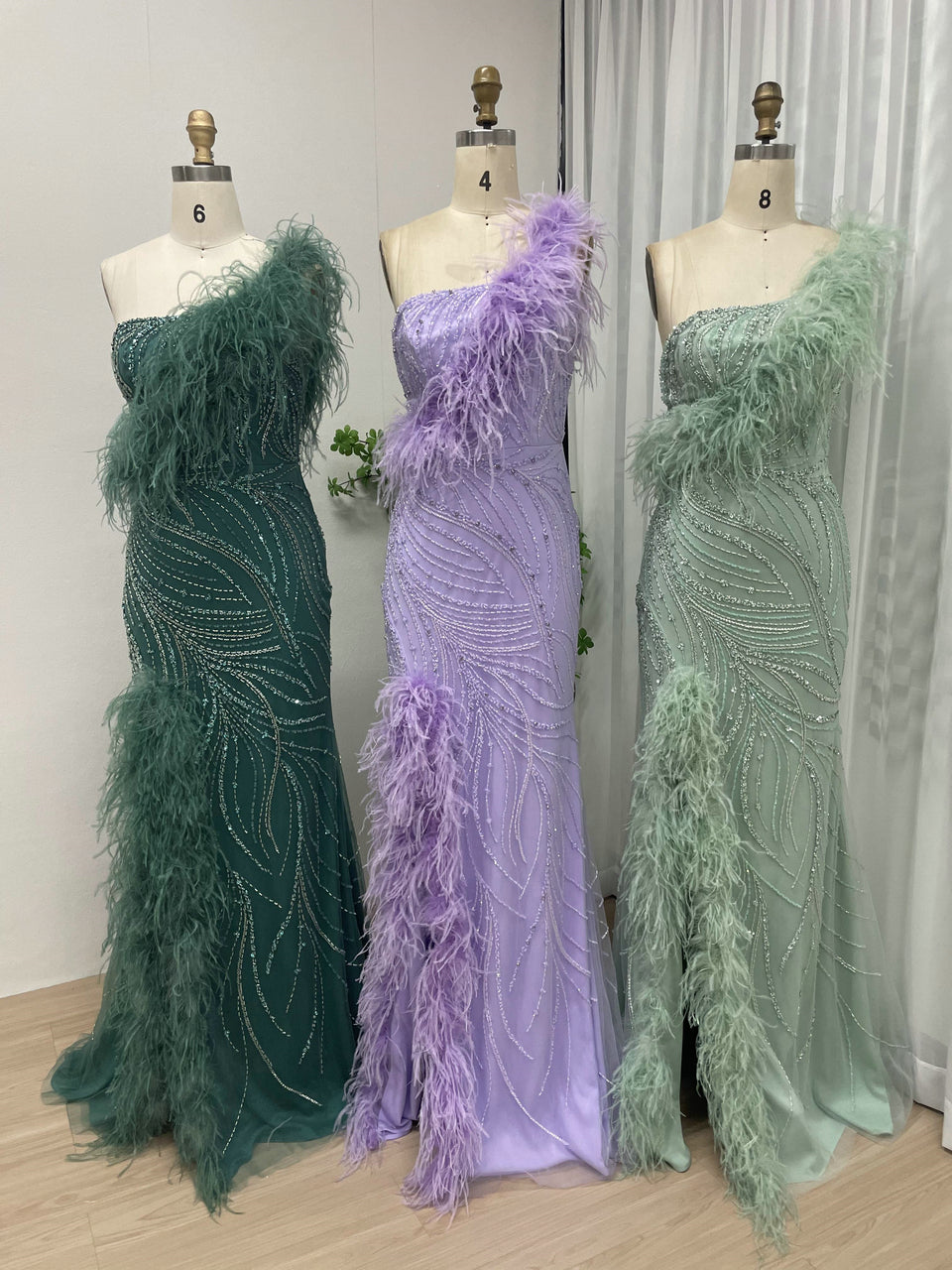 Emerald Green One-Shoulder Feather Mermaid Evening Gown - Beaed Formal Dress MY30039