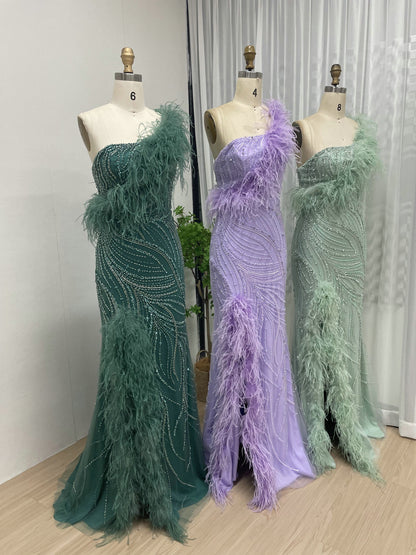 Emerald Green One-Shoulder Feather Mermaid Evening Gown - Beaed Formal Dress MY30039