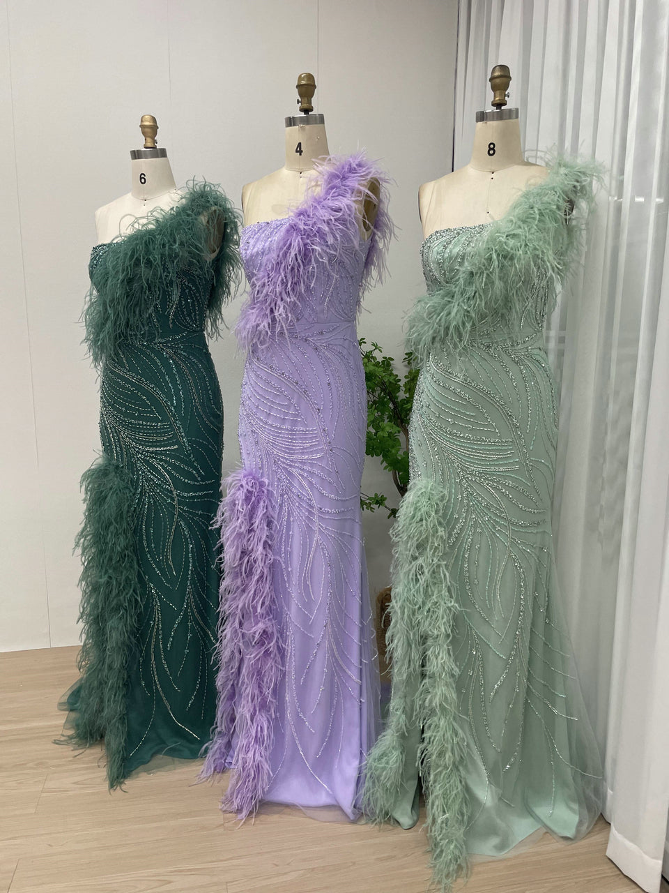 Emerald Green One-Shoulder Feather Mermaid Evening Gown - Beaed Formal Dress MY30039