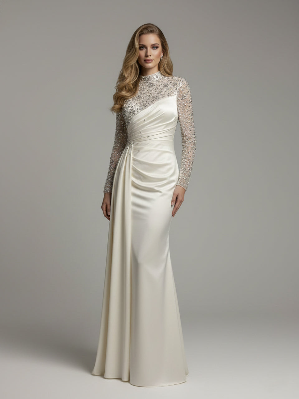 White Long Sleeve Beaded Bodice Gown - Ruched Satin Evening Dress MY30049