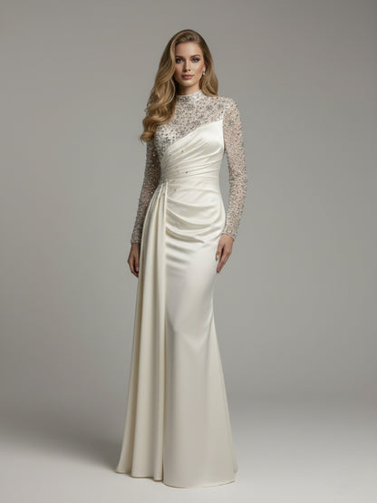 White Long Sleeve Beaded Bodice Gown - Ruched Satin Evening Dress MY30049