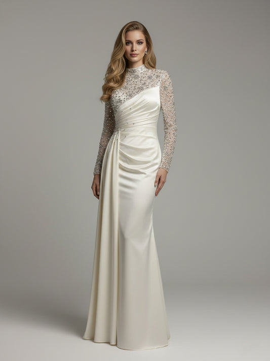 White Long Sleeve Beaded Bodice Gown - Ruched Satin Evening Dress MY30049