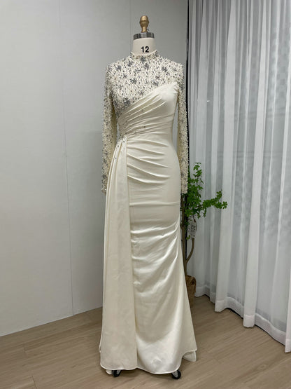 White Long Sleeve Beaded Bodice Gown - Ruched Satin Evening Dress MY30049