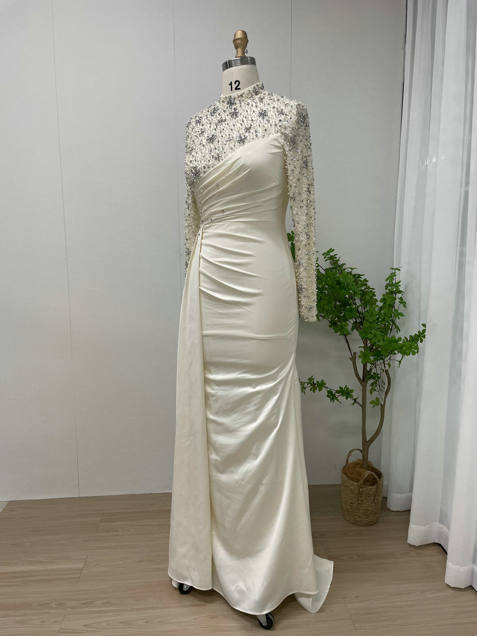 White Long Sleeve Beaded Bodice Gown - Ruched Satin Evening Dress MY30049