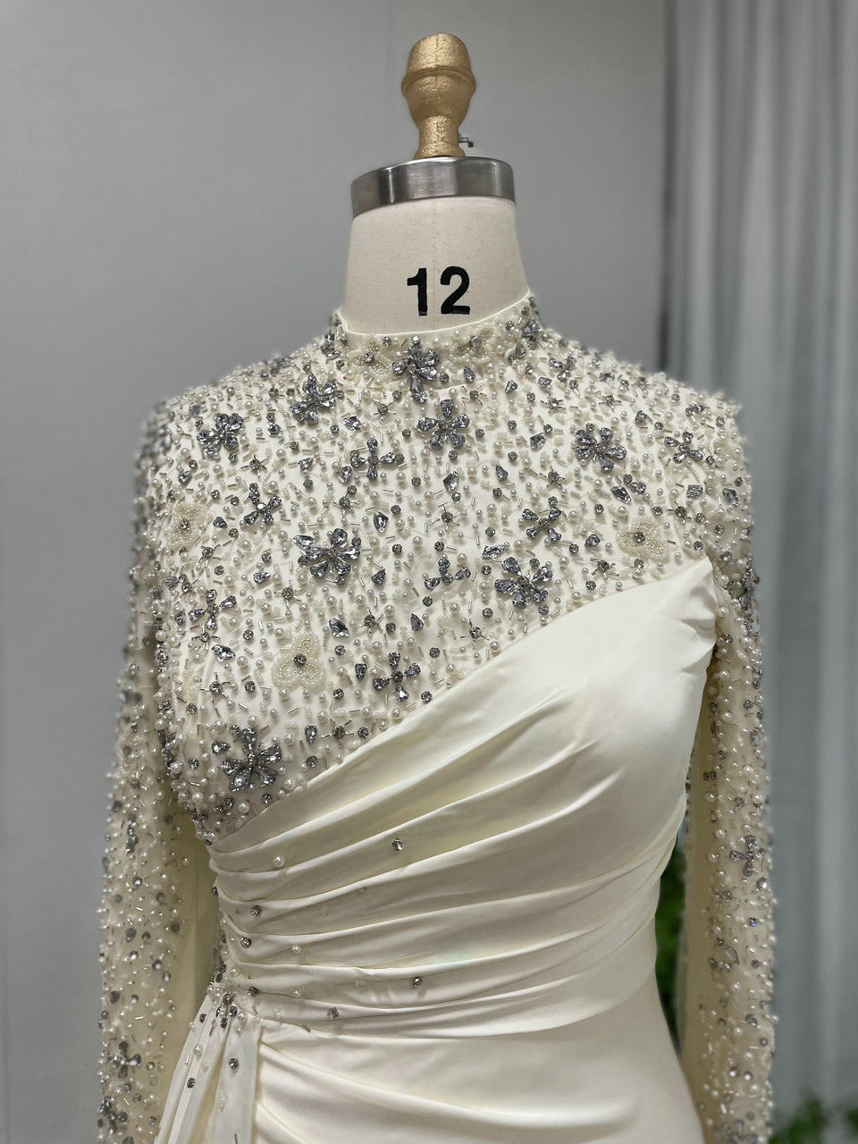 White Long Sleeve Beaded Bodice Gown - Ruched Satin Evening Dress MY30049