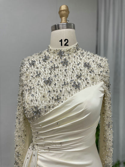 White Long Sleeve Beaded Bodice Gown - Ruched Satin Evening Dress MY30049
