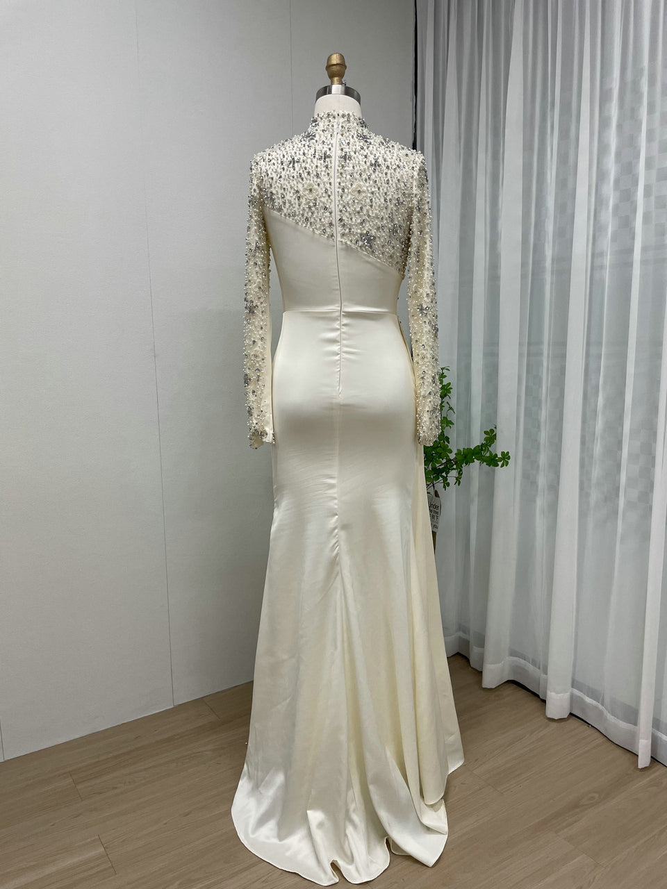 White Long Sleeve Beaded Bodice Gown - Ruched Satin Evening Dress MY30049