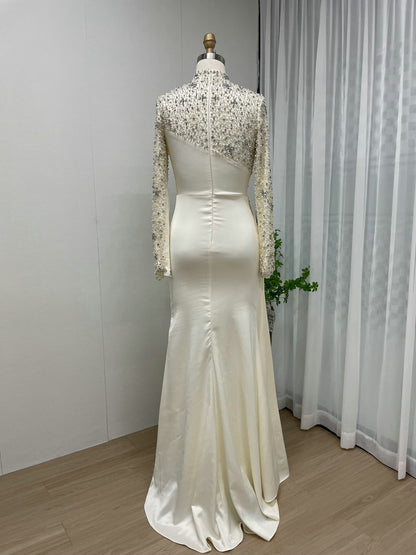 White Long Sleeve Beaded Bodice Gown - Ruched Satin Evening Dress MY30049
