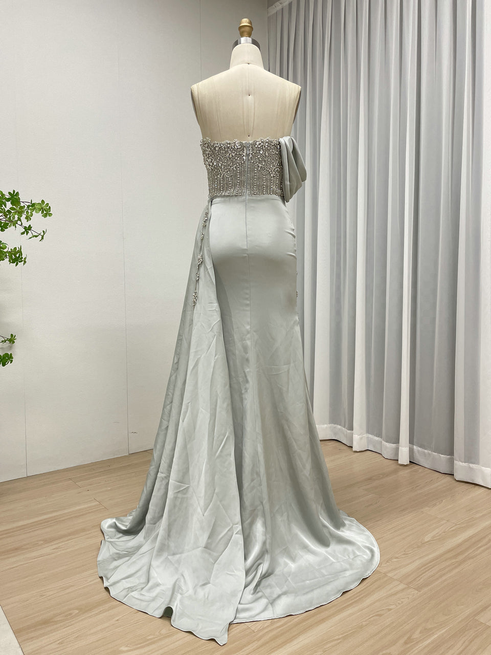Grey Blue Beaded One-Shoulder Formal Dress with High Leg Slit Mermaid Satin Evening Gown MY30050-2