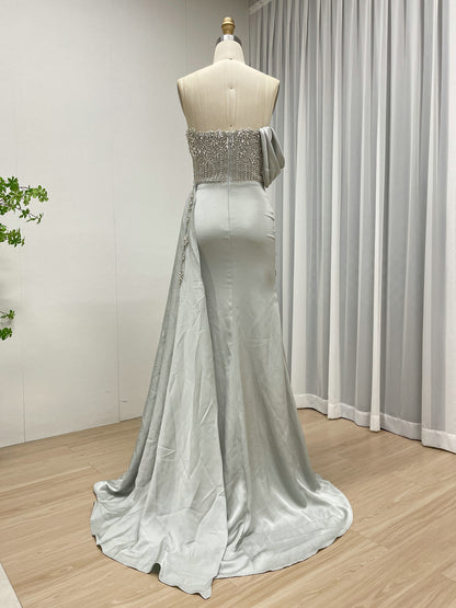 Grey Blue Beaded One-Shoulder Formal Dress with High Leg Slit Mermaid Satin Evening Gown MY30050-2