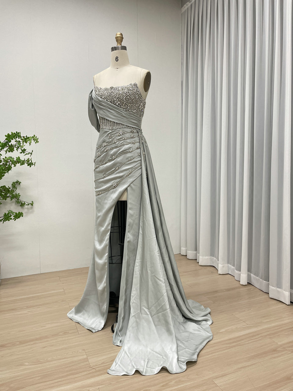 Grey Blue Beaded One-Shoulder Formal Dress with High Leg Slit Mermaid Satin Evening Gown MY30050-2