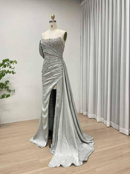 Grey Blue Beaded One-Shoulder Formal Dress with High Leg Slit Mermaid Satin Evening Gown MY30050-2