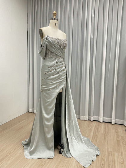 Grey Blue Beaded One-Shoulder Formal Dress with High Leg Slit Mermaid Satin Evening Gown MY30050-2