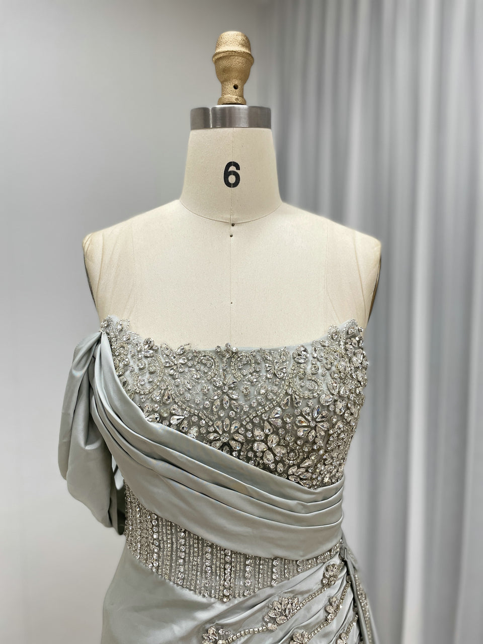 Grey Blue Beaded One-Shoulder Formal Dress with High Leg Slit Mermaid Satin Evening Gown MY30050-2