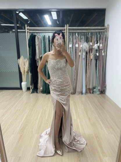 Luxury Strapless Couture Beading High Split Wedding Party Evening Dress MY30050