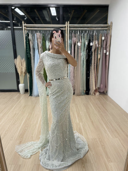 Luxury One Shoulder Cap Long Sleeve Evening Dress MY30051