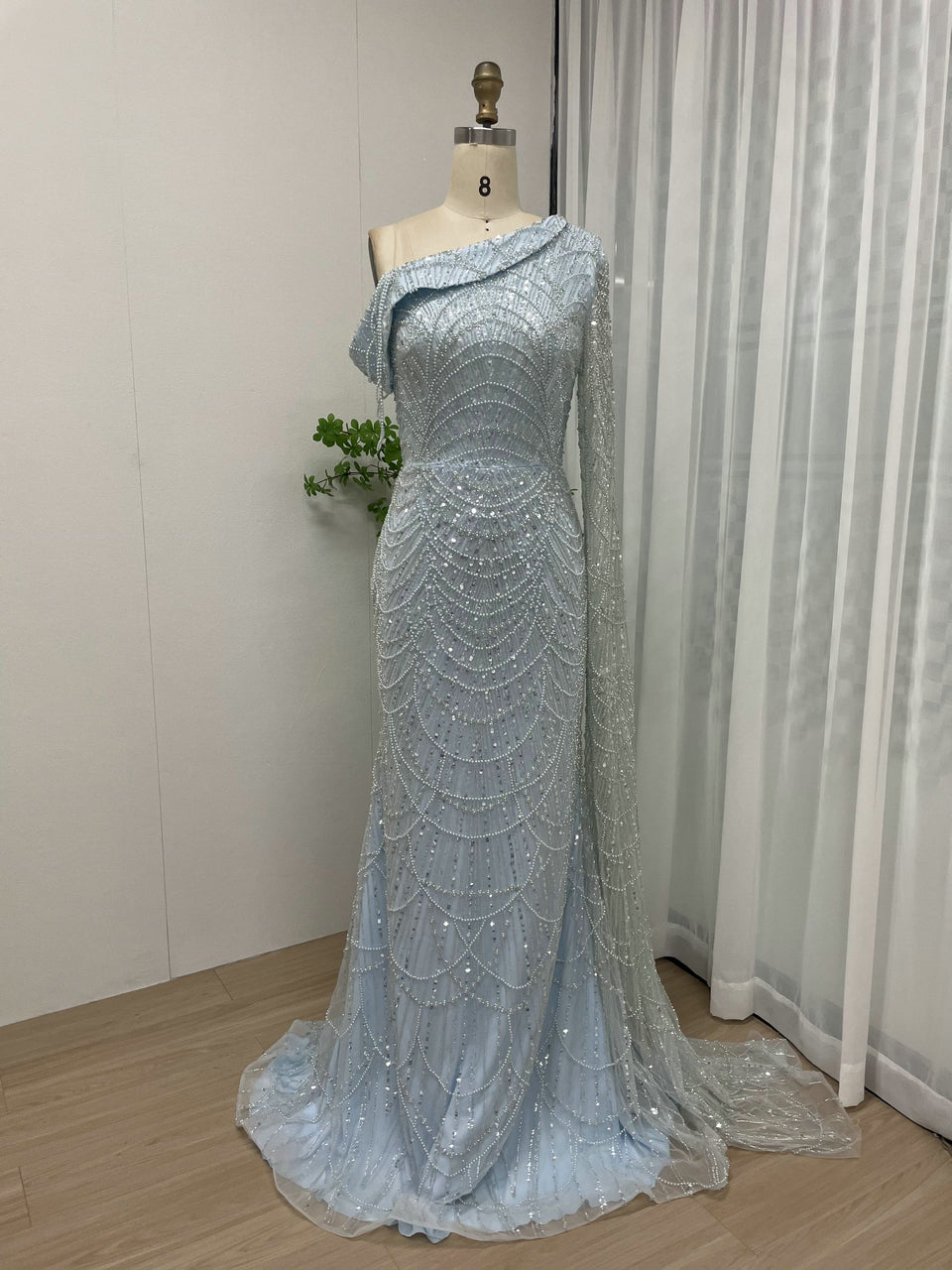 Luxury One Shoulder Cap Long Sleeve Evening Dress MY30051