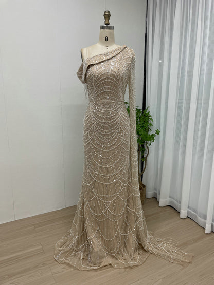 Luxury One Shoulder Cap Long Sleeve Evening Dress MY30051