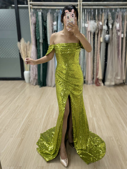 Olive Green Sequin Off-The-Shoulder Prom Gown with High Slit MY30052