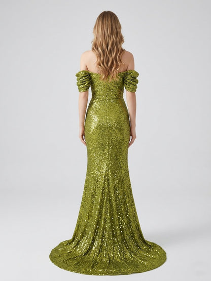 Olive Green Sequin Off-The-Shoulder Prom Gown with High Slit MY30052