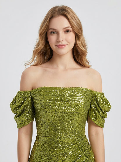 Olive Green Sequin Off-The-Shoulder Prom Gown with High Slit MY30052