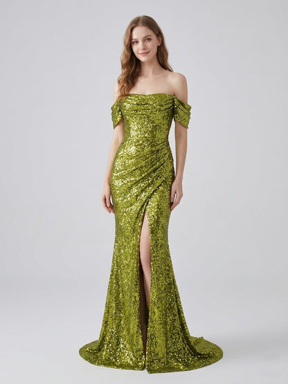 Olive Green Sequin Off-The-Shoulder Prom Gown with High Slit MY30052