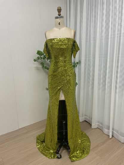 Olive Green Sequin Off-The-Shoulder Prom Gown with High Slit MY30052