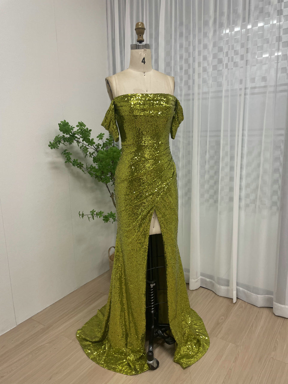 Olive Green Sequin Off-The-Shoulder Prom Gown with High Slit MY30052