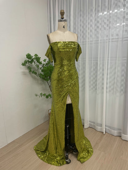 Olive Green Sequin Off-The-Shoulder Prom Gown with High Slit MY30052